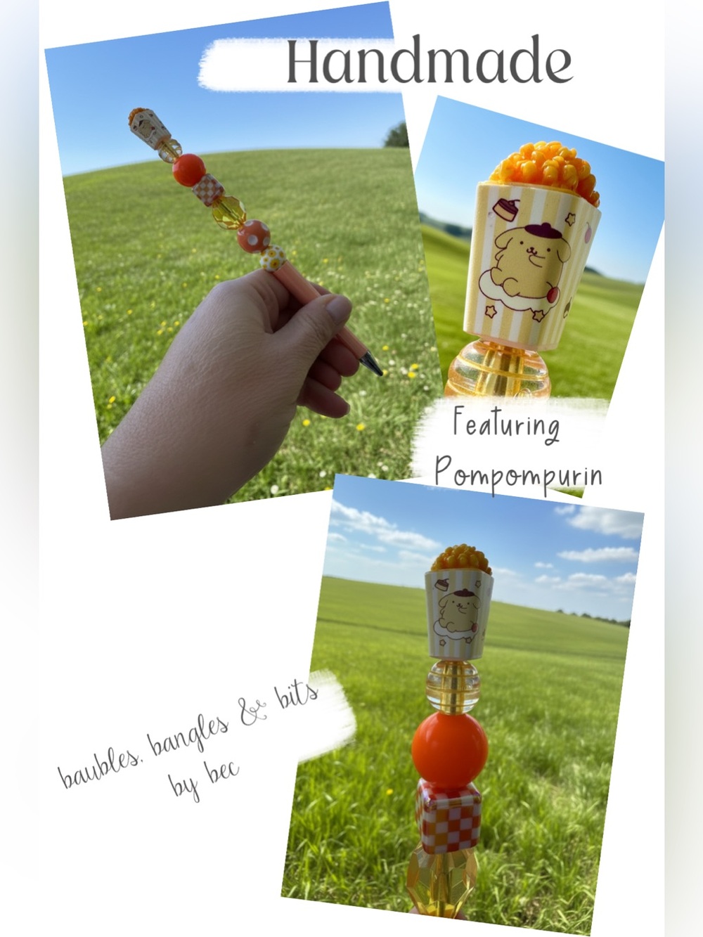 Handmade Pompompurin Beaded Pen | Sanrio Kawaii Popcorn Acrylic Black Ink